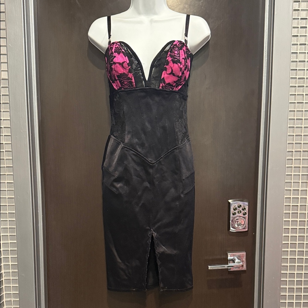 Vintage Y2K Mark Wong Nark Corset Bodycon Dress Black Pink Lace Bustier